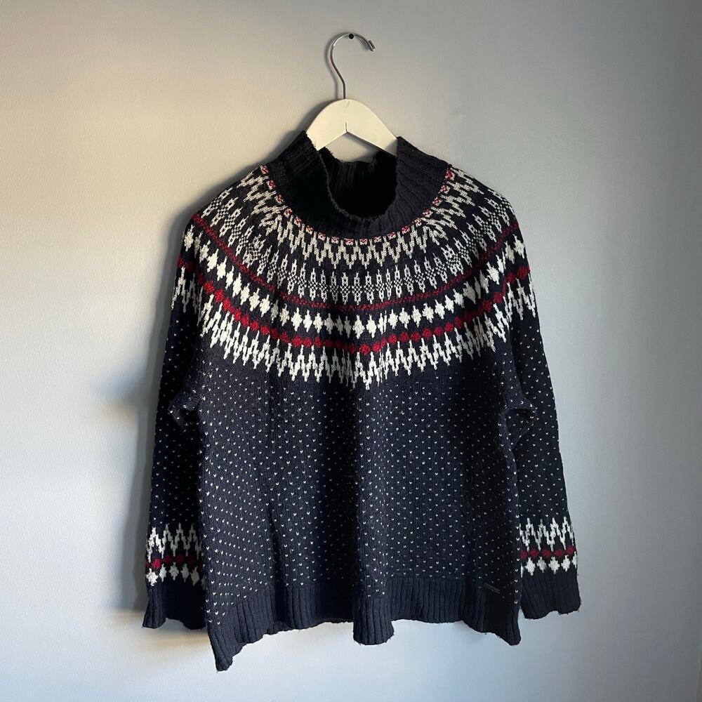 Eddie Bauer Navy Blue Wool Blend Fair Isle Mock Neck Sweater Size Extra Large Xl